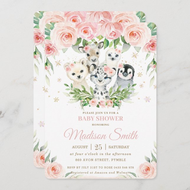 Winter Animals Arctic Blush Floral Baby Shower Invitation (Front/Back)
