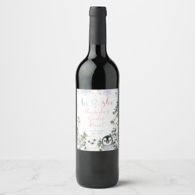  Winter animals artics Gender Reveal Wine Bottle Wine Label (Front)