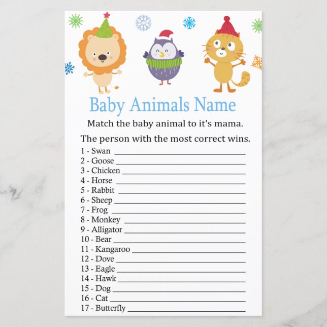 Winter animals Baby Animals Name Game baby shower (Front)