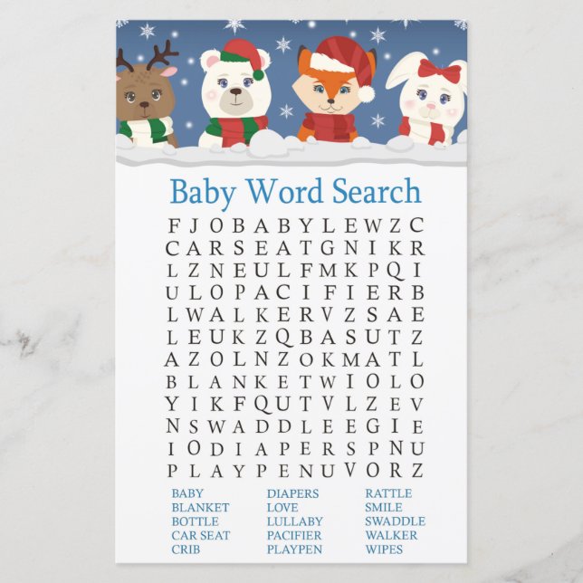 winter animals Baby Shower Word Search Game (Front)