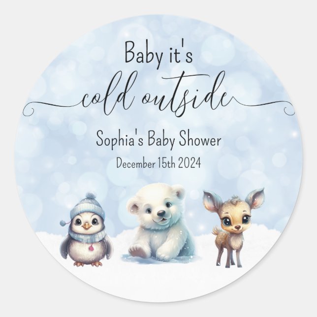 Winter Animals Cold Outside Baby Shower Classic Round Sticker (Front)