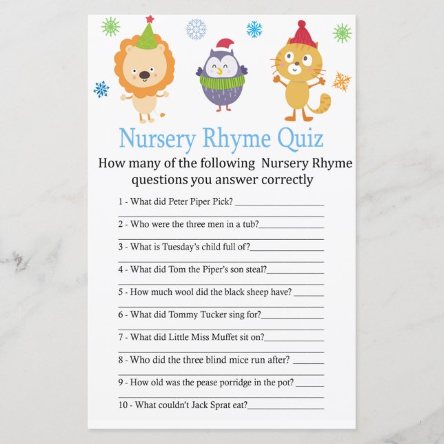 Winter animals Nursery Rhyme Quiz baby shower game (Front)