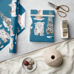 Winter Animals Teal Baby Shower Wrapping Paper
