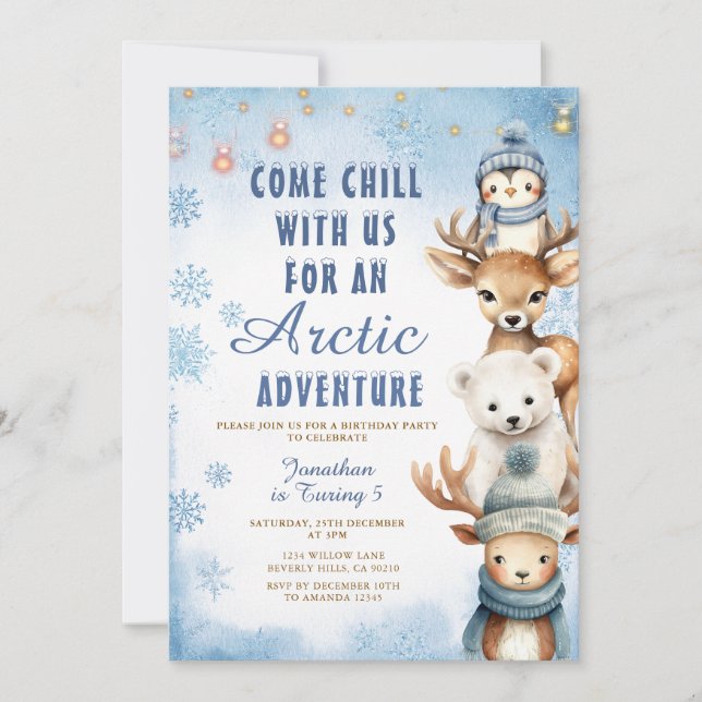 Winter Arctic Adventure 1st Birthday Animals Party Invitation (Front)