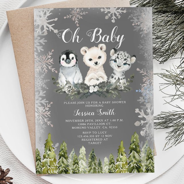 Winter Arctic Animal Forest Snowflakes Baby Shower Invitation (Creator Uploaded)