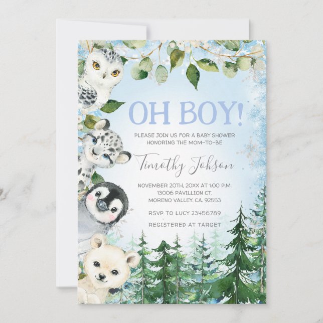 Winter Arctic Animals Pine Tree Boy Baby Shower Invitation (Front)