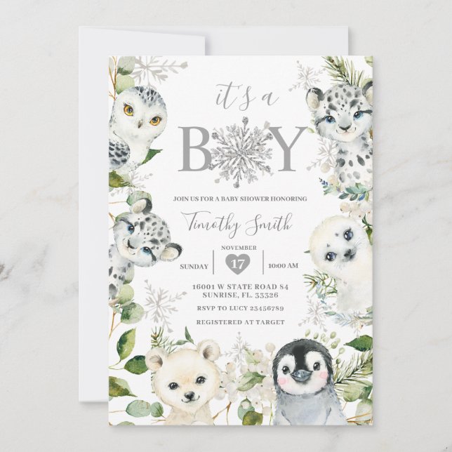 Winter Arctic Animals Snowflakes Baby Shower Invitation (Front)