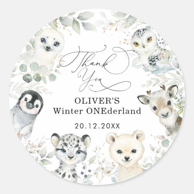 Winter Arctic Animals Snowy Forest 1st Birthday Classic Round Sticker (Front)