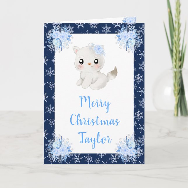 Winter Arctic Cat Merry Christmas Holiday Card (Front)