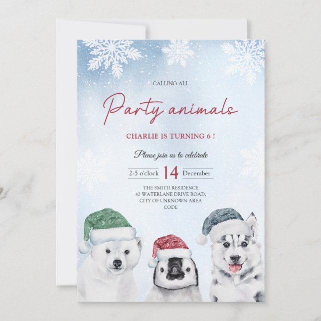Winter Arctic Party Animals Kids Birthday Invitation (Front)