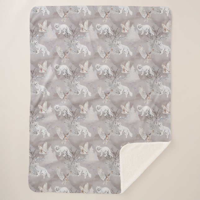 Winter Artic Fox Snowy Owl Northern Wildlife Sherpa Blanket (Front)