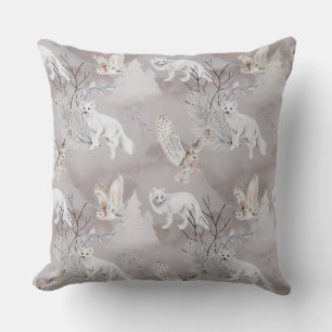 Winter Artic Fox Snowy Owl Northern Wildlife Throw Pillow