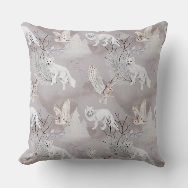 Winter Artic Fox Snowy Owl Northern Wildlife  Throw Pillow (Front)