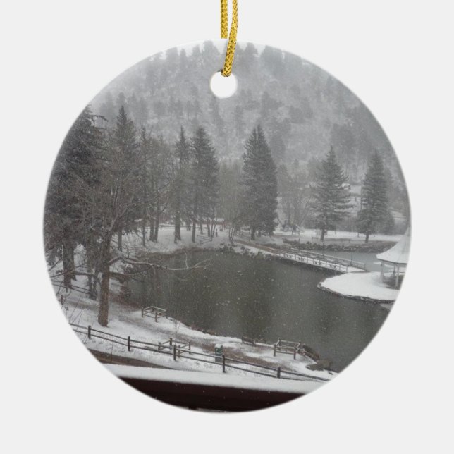 Winter at Green Mountain Falls, Colorado Ceramic Ornament (Front)