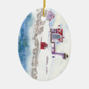 winter at Nubble LIghthouse in Maine Ceramic Ornament