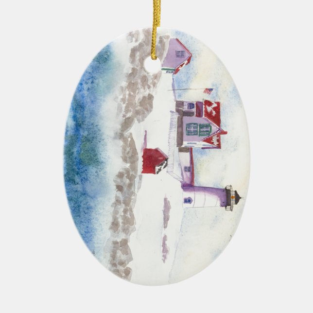 winter at Nubble LIghthouse in Maine Ceramic Ornament (Front)