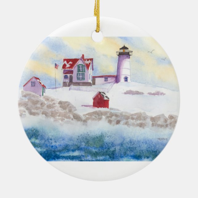 winter at Nubble LIghthouse in Maine Ceramic Ornament (Back)