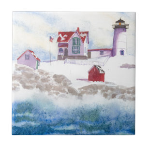 winter at Nubble LIghthouse in Maine Ceramic Tile