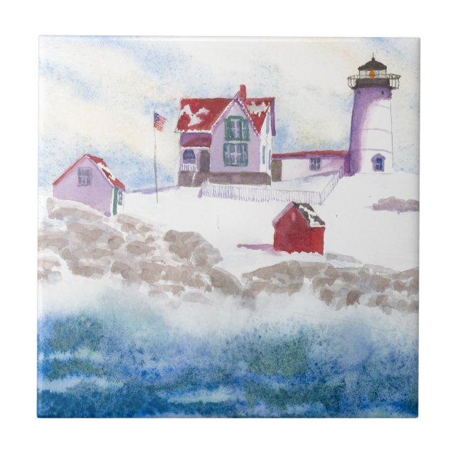 winter at Nubble LIghthouse in Maine Ceramic Tile (Front)