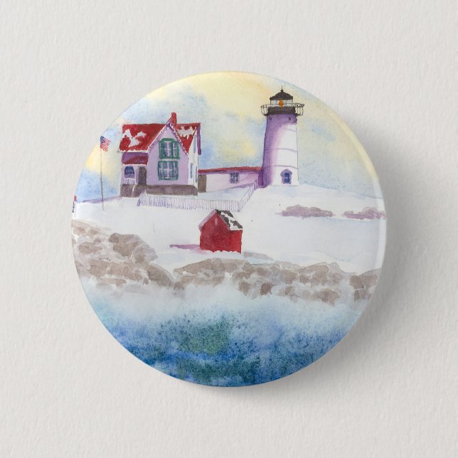 winter at Nubble LIghthouse in Maine Round Sticker 2 Inch Round Button (Front)