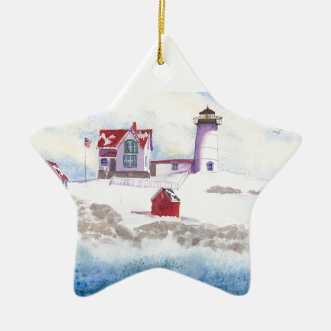 winter at Nubble LIghthouse  Maine Star Ornament (Front)