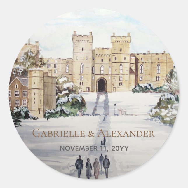 Winter at Windsor Castle Painting Wedding Classic Round Sticker (Front)
