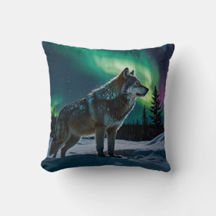 Winter Aurora & Timber Wolf Wildlife Design Throw Pillow