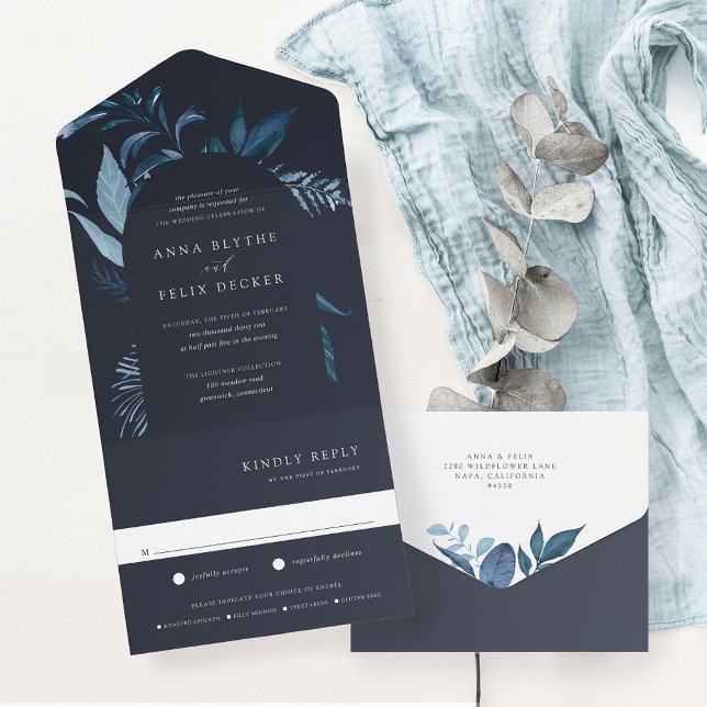 Winter Azure Blue Botanical Arch Wedding All In One Invitation (Creator Uploaded)
