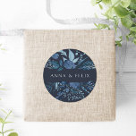 Winter Azure | Personalized Botanical Wedding Classic Round Sticker<br><div class="desc">Seal your invitation envelopes or favours with these elegant botanical wedding stickers featuring your names framed by a top and bottom border of winter watercolor foliage in shades of blue. Coordinates with our Winter Azure wedding collection.</div>