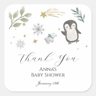 Winter Baby Animals Thank You Square Sticker