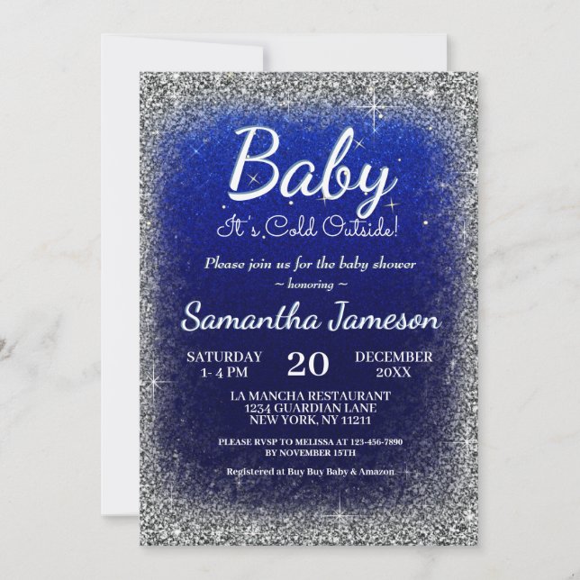 Winter Baby Boy Blue Silver Baby Shower Glitter Invitation (Front)