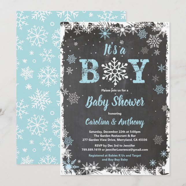 Winter baby boy shower snowflake chalkboard invitation (Front/Back)