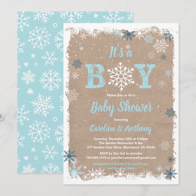 Winter baby boy shower snowflake rustic its a boy invitation (Front/Back)