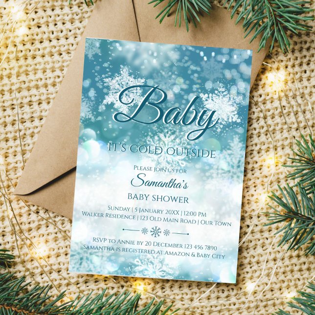 Winter baby it's cold outside baby shower  invitation (Baby it's cold outside winter baby shower editable template invitation teal blue bokeh snowflakes)