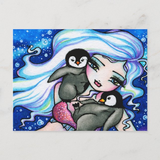 Winter Baby Penguins Mermaid Fantasy Art Postcard (Front)