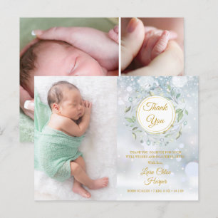 Winter Baby Photo Collage Floral Thank You Birth  Announcement Postcard