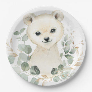 Winter Baby Polar Bear Eucalyptus Greenery Gold Paper Plate