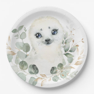 Winter Baby Seal Greenery Gold Wreath Birthday Paper Plate