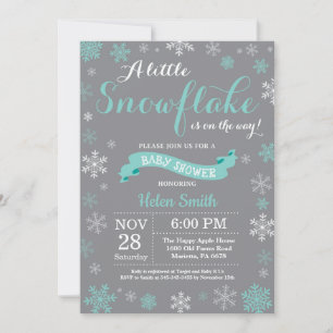 Winter Baby Shower Aqua White and Grey Snowflake Invitation