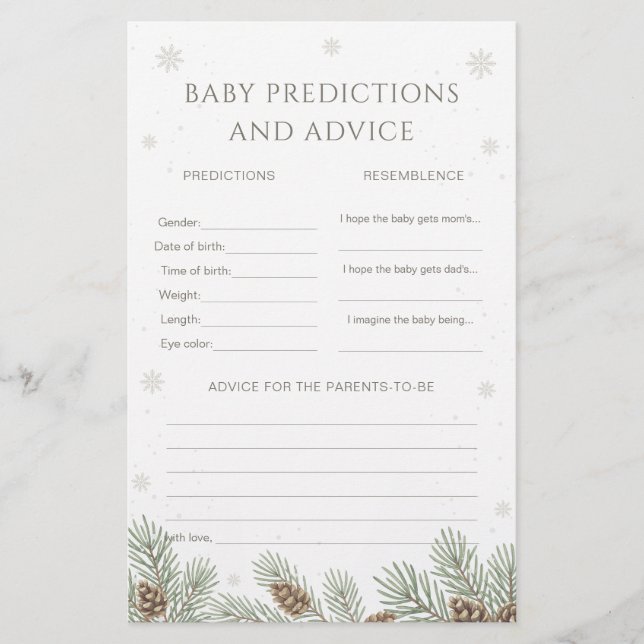 Winter Baby Shower Baby Predictions & Advice Game (Front)