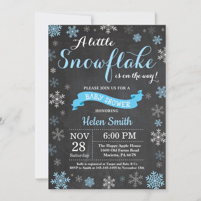 Winter Baby Shower Blue Snowflake Chalkboard Invitation (Front)