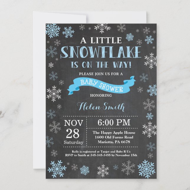 Winter Baby Shower Blue Snowflake Chalkboard Invitation (Front)