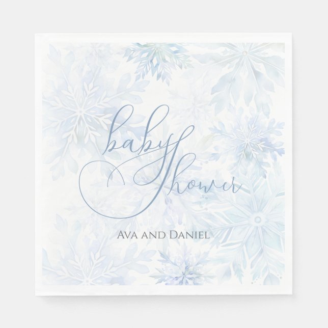 Winter Baby Shower Boy Blue Snowflake Napkin (Front)