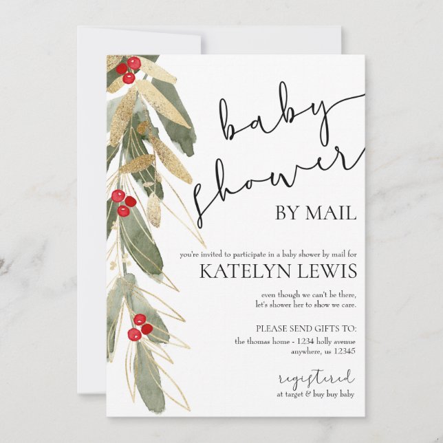 Winter Baby Shower by Mail Invitation Gold Holly (Front)