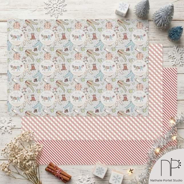 Winter Baby Shower Clothesline Wrapping Paper Sheet (Hand drawn winter baby shower wrapping paper with clothesline and festive holiday patterns)