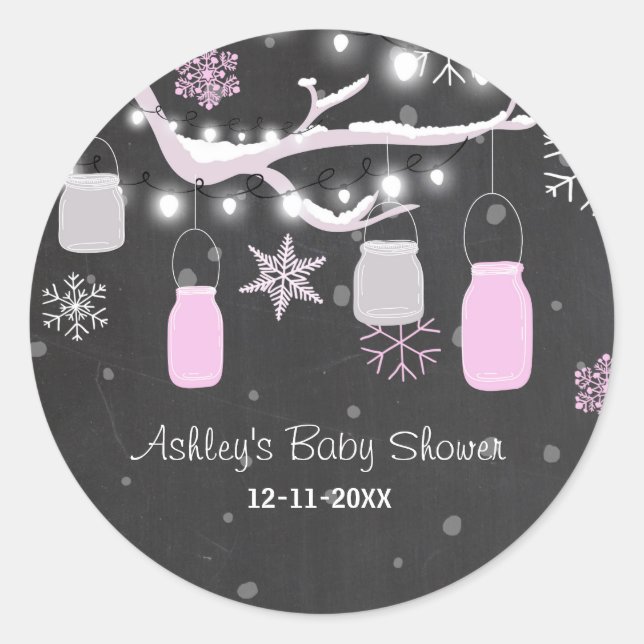 Winter Baby shower Cold outside jars pink sticker (Front)