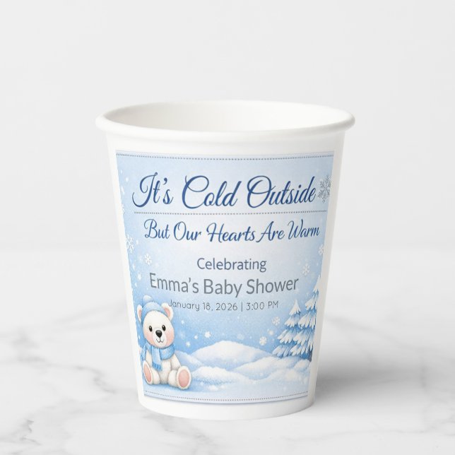 Winter Baby Shower Cups | Warm Teddy Bear Theme (Front)