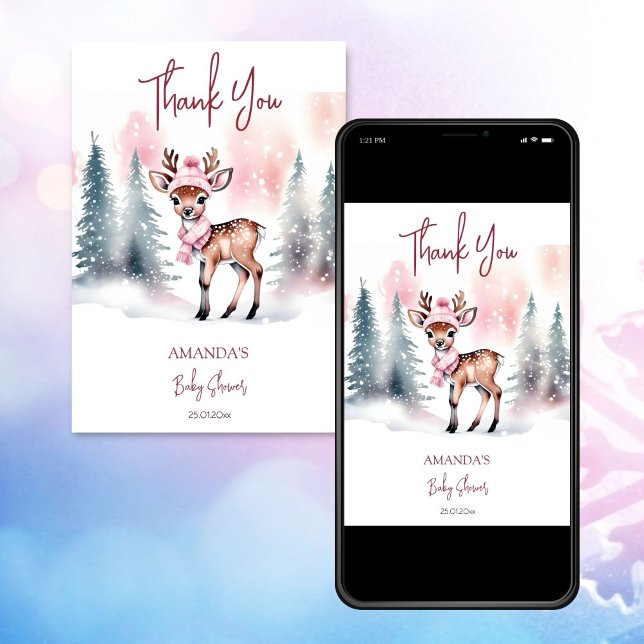 Winter baby shower cute deer pink thank you invitation (Winter baby shower cute deer pink thank you card editable template digital download  baby it's cold)