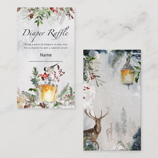 Winter baby shower diaper raffle ticket enclosure card (Front/Back)