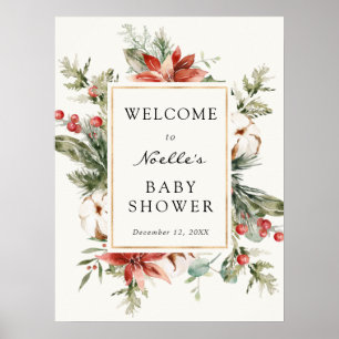 Winter Baby Shower Evergreen Poinsettia Welcome Poster